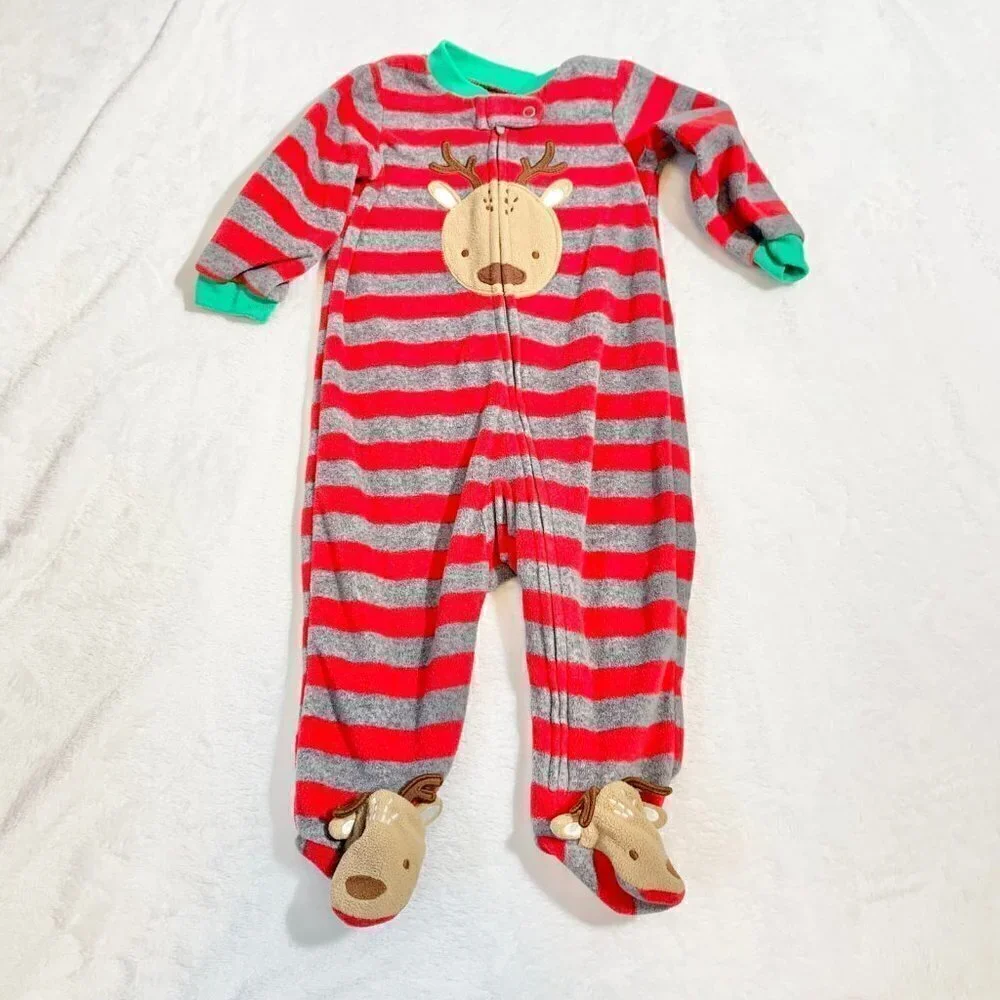 5/$25 Carter's Baby Reindeer Fleece Footed Pajamas‎ Sleeper Red Grey Stripe 6M